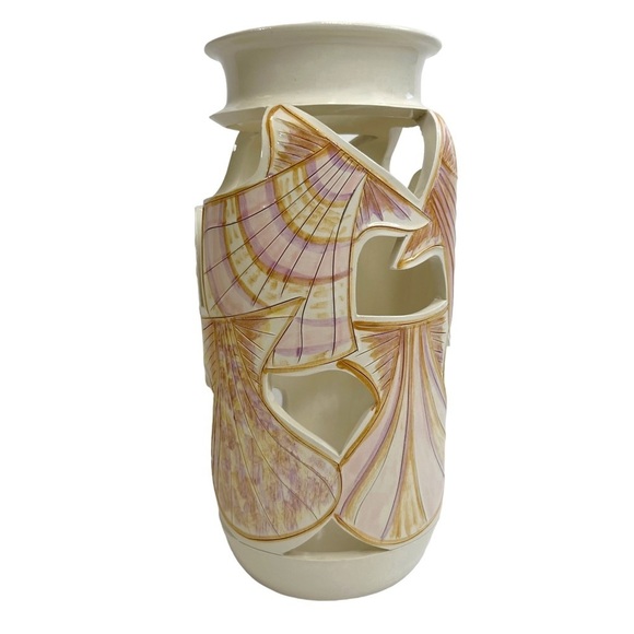 Handmade Artist Signed Ceramic Seashells Beach Cut Out Vase - Picture 1 of 9